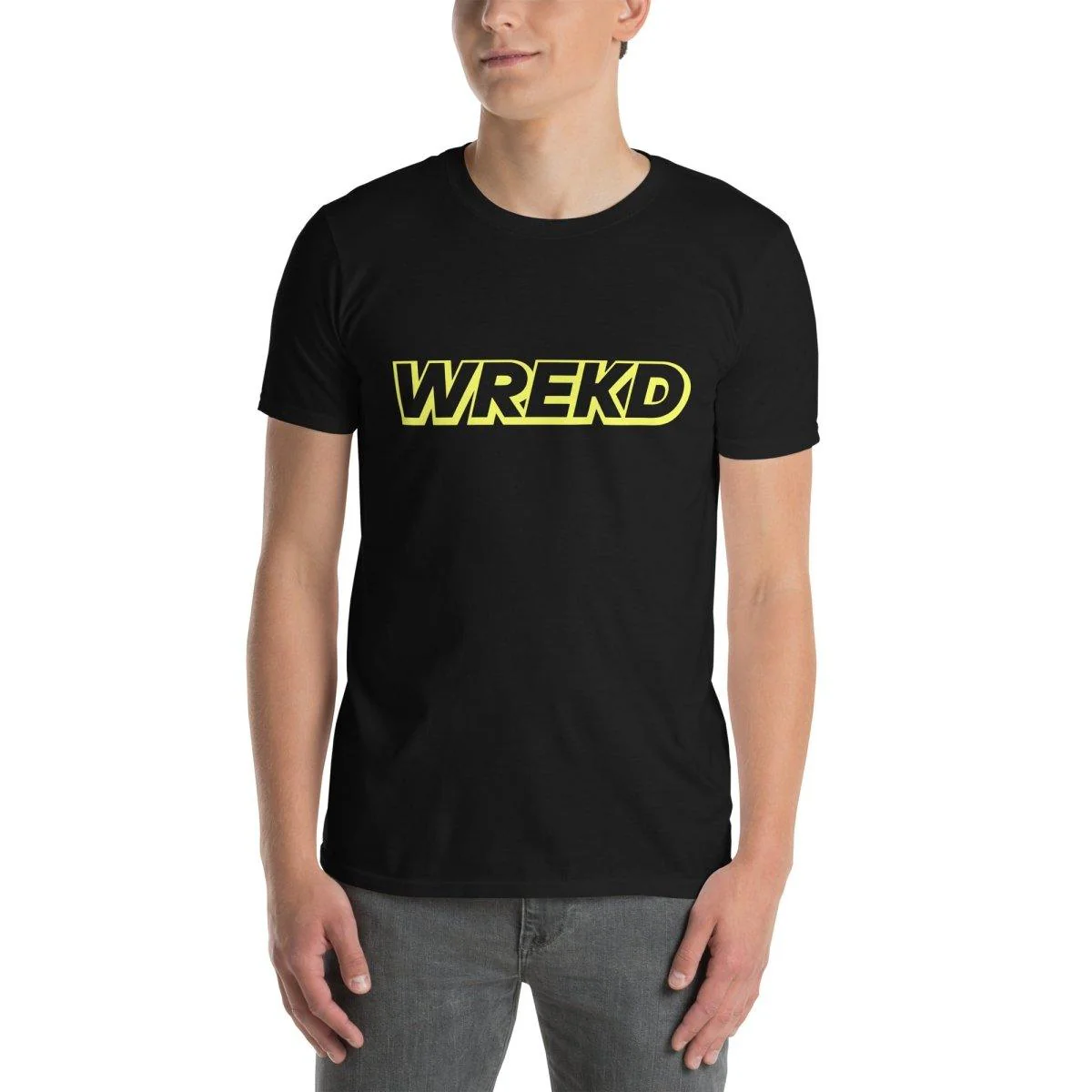 WREKD Yellow on Black Short-Sleeve Unisex Logo Tee - Image 4